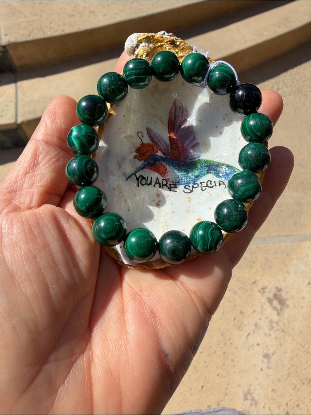 Malachite with black tourmaline Beaded Stretch Bracelet - Green 6.25 inch